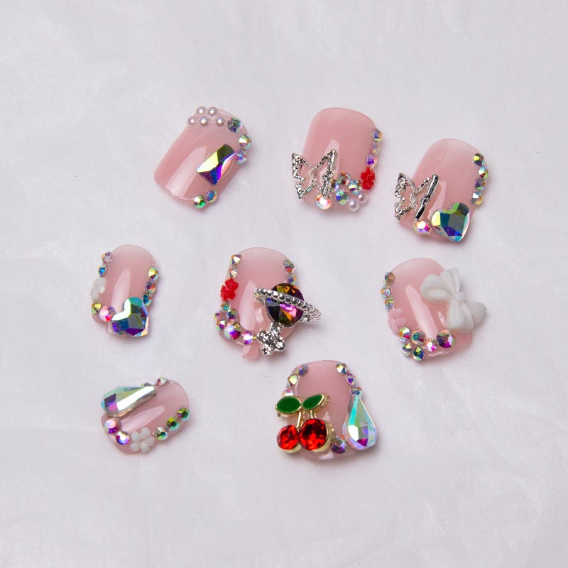 TOGZOM French Tip Press on Nails Short Square Fake Nails Rhinestone Acrylic Nails Glossy Nude Pink False Nails with Designs Bow Butterfly Charm Glue on Artificial Nails for Women Manicure Art Decoration - Image 3